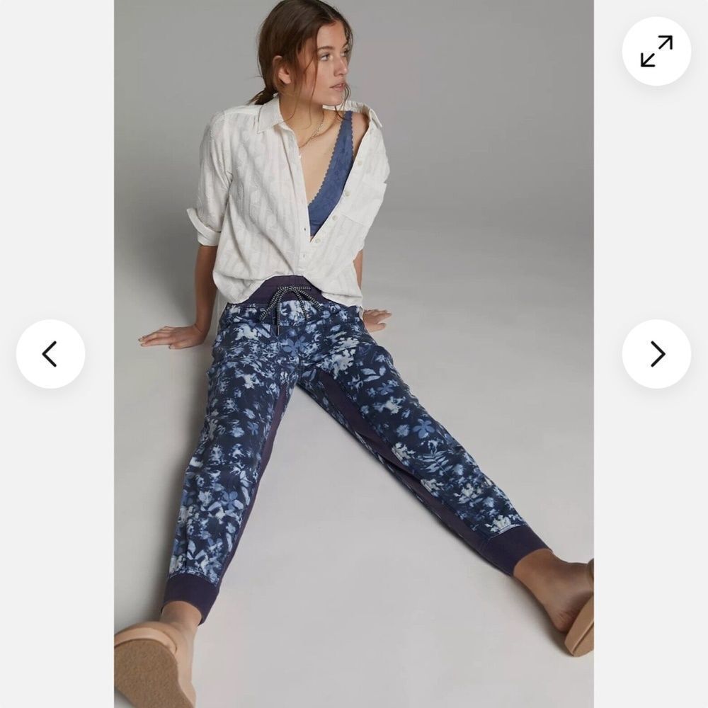 Anthropologie Mixed-Knit Navy Tie Dye Floral Print Joggers - Picture 2 of 4